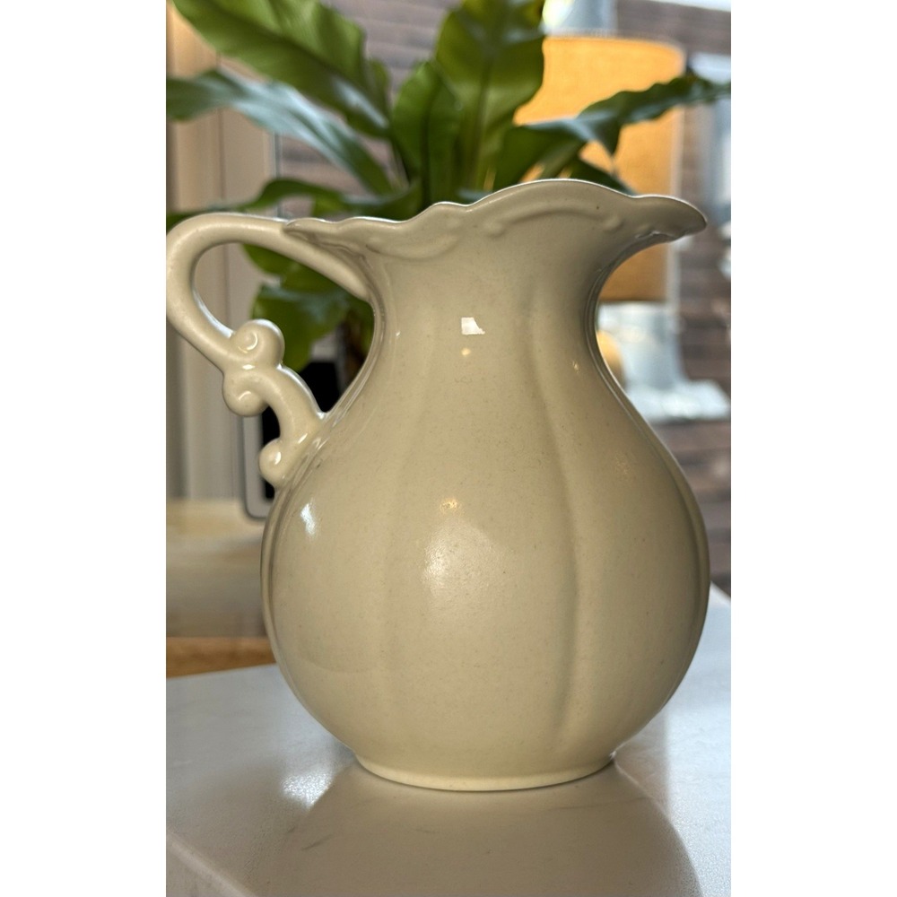 White Ceramic Pitcher Glossy Solid Scallopedl Cottagecore shabby chic